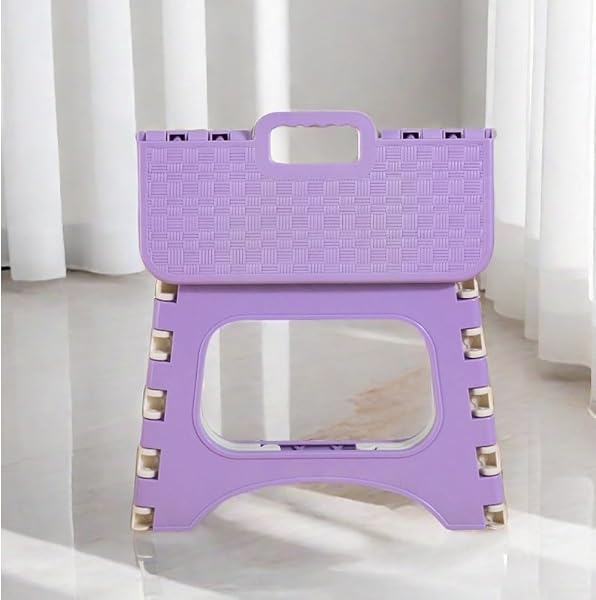 Sgabello pieghevole per adulti e bambini, capacità 120 kg, sgabello portatile in plastica leggera con manico, compatto, 32 x 25 x 10 cm, design per (bianco) - 3