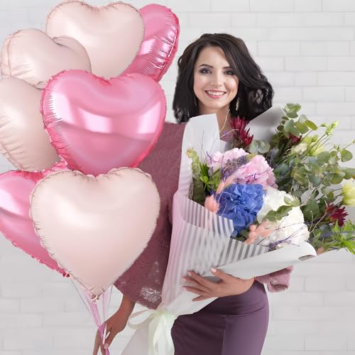 Image of Pink Heart Balloons,18inch Bright Pink Heart Shaped Foil Balloons & Baby Pink Helium Mylar Balloon for Anniversary Wedding Engagement Birthday Party Baby Shower Decorations(12Pcs)