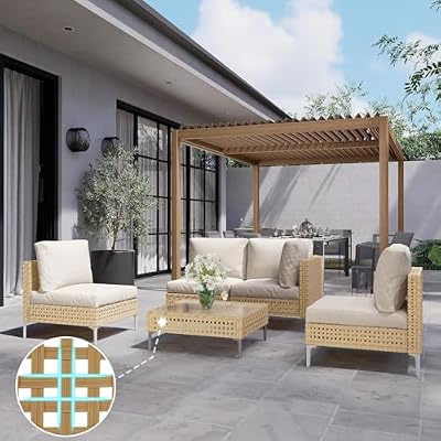 Grand patio 5-Piece Wicker Patio Furniture Set, Outdoor Sectional Conversation Sofa Couch Set with Beige Cushions Thickened Water Resistant Cushions and Glass Table for Lawn, Garden, Backyard
