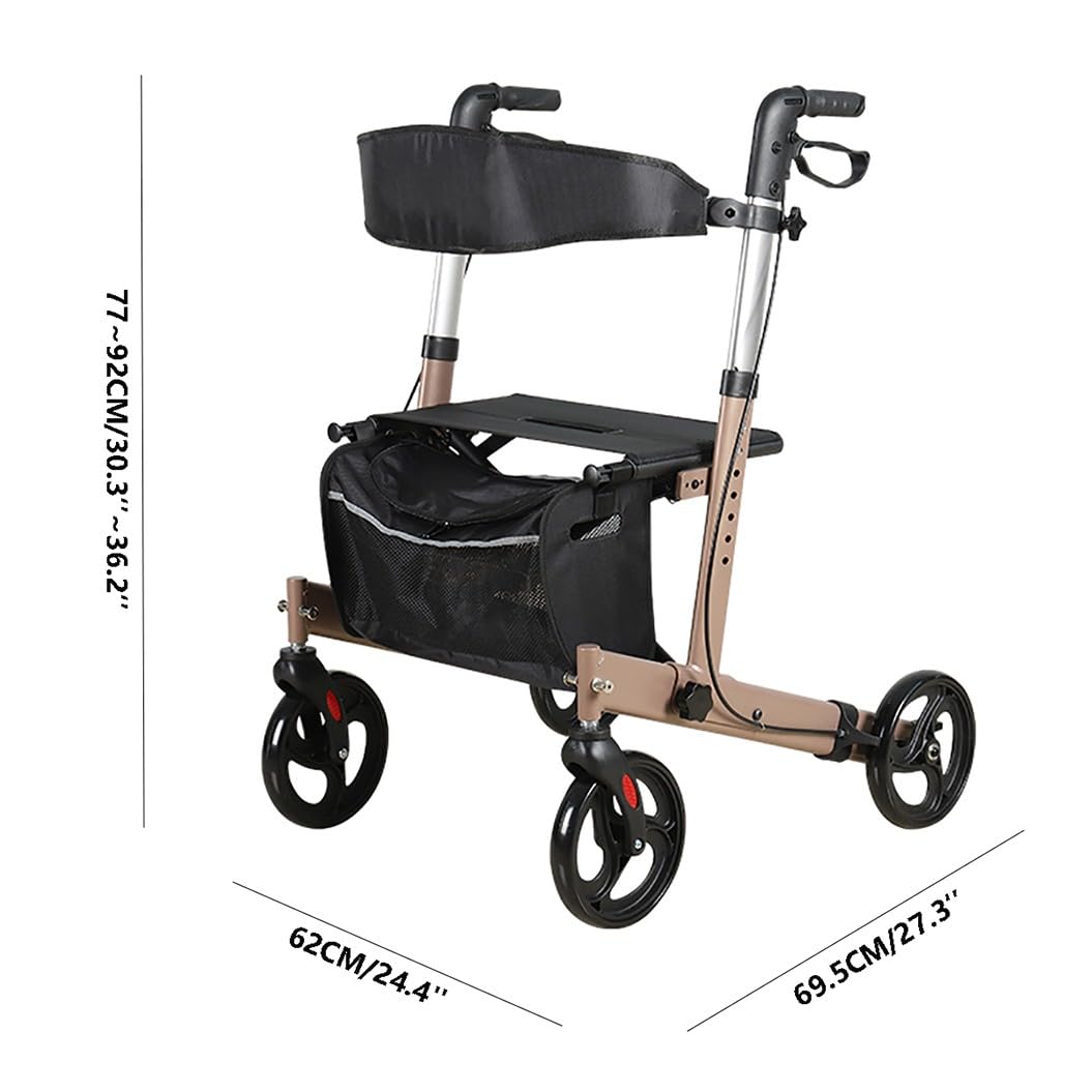 Andadores para Personas Mayores con 4 Ruedas,andador rollator con freno,Andador para Exteriores de Aluminio,Andador plegable ligero,altura ajustable gold