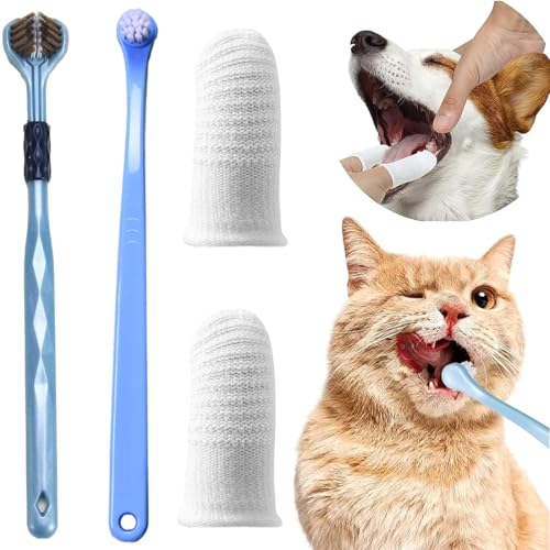 Jeyorzy - Cepillo de dientes para perro (4 piezas, cepillo de dientes, triple cabezal, para mascotas, kit de limpieza dental para perros y gatos