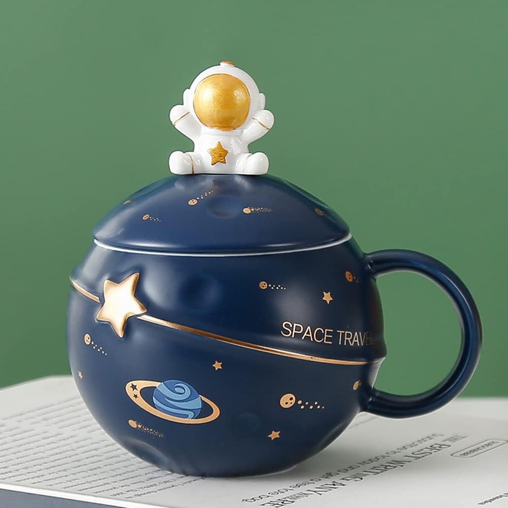 Kawaii Astronaut Cup Space Embossed Planet Mug, Cute Ceramic Coffee Mug, Novelty Mug with Lid and Spoon for Coffee, Tea, Milk, Aesthetic Room Decor Funny Gift Birthday for Girl Boy Women (Dark blue) : Home & Kitchen