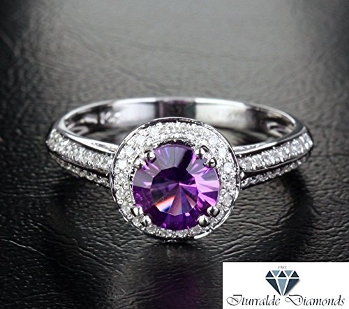 14k White Gold Amethyst Halo Ring With Diamond Pave