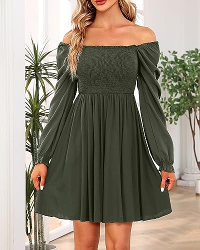 Holipick Women's Casual Square Neck Smocked Dress Shirred Ruffle Puff Sleeve High Waist Cute Flowy A-Line Short Dress2