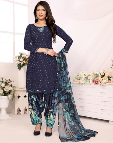 Image of Yashika Women's Printed Dress Material - Unstitched Crepe Fabric Kurti, Pants & Dupatta Set (AZ-YS-P4-BLUE FLOWER)