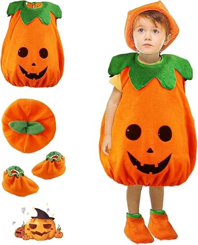 Moiuguli Halloween Pumpkin Costume Kids, Halloween Fancy Dress Kids Cosplay Party Costume Clothes Baby Halloween Costume with Pumpkin Hat Bag Shoes for Baby Boys Girls Toddler Baby