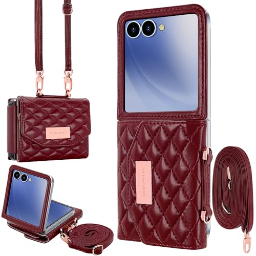 for Samsung Galaxy Z Flip 7 Wallet Case with Built-in Leather Cash Slot and Credit Card Holder, Adjustable Crossbody Strap, Hinge Protection for Women Ladies.(Red) Red Galaxy Z Flip 7