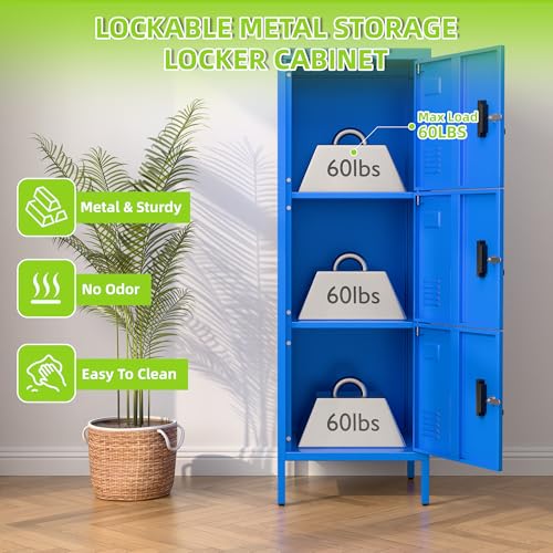Image of Aobabo 16 inch W 3 Door Metal Storage Locker with Lock, 47 inch H Steel Locker with Name Card Holder and Metal Leg for School, Home, Office, Playroom, Assembly Required, Blue