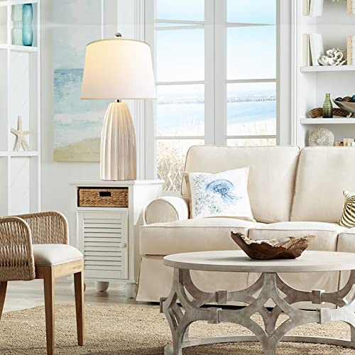 Hamucd Modern Beige Ceramic Table Lamps Set Of 2 For Living Room,Coastal Pottery Bedroom Nightstand Lamps With Rotary Switch,Contempory Off-White Bedside Lamps With Light Yellow Lampshade,25.5" H #TOP2