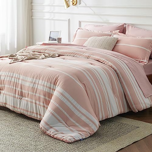Image of Bedsure Full Comforter Set 7 Pieces, Light Pink Striped Bedding Set for All Seasons, Reversible, Cationic Dyeing Bed in a Bag with Comforter, Sheets, Pillowcases & Shams