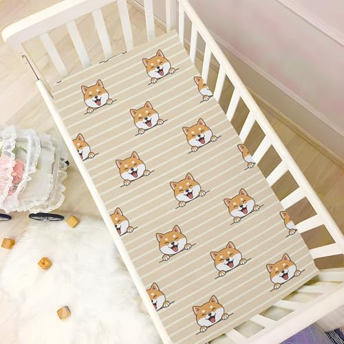 Image of Shiba Dog Stripe Khaki Fitted Crib Sheet for Boys Girls Baby Bedsheet for Toddler,52 X 28 in