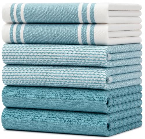 Image of Premium Kitchen Towels (20 inchx 28 inch, 6 Pack) | Large Cotton Dish Towels | Flat & Terry Highly Absorbent Kitchen Linen Set with Hanging Loop | Wide Stripe Aqua