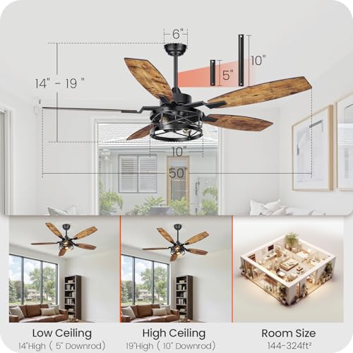 Image of 50 Inch Farmhouse Ceiling Fan with Lights and Remote, Timer, Dual Finish 5 Blades (Rustic Brown and Oak), 6 Speeds, Reversible DC Motor, Rustic & Industrial Caged Ceiling Fan for Bedroom FB04CF05