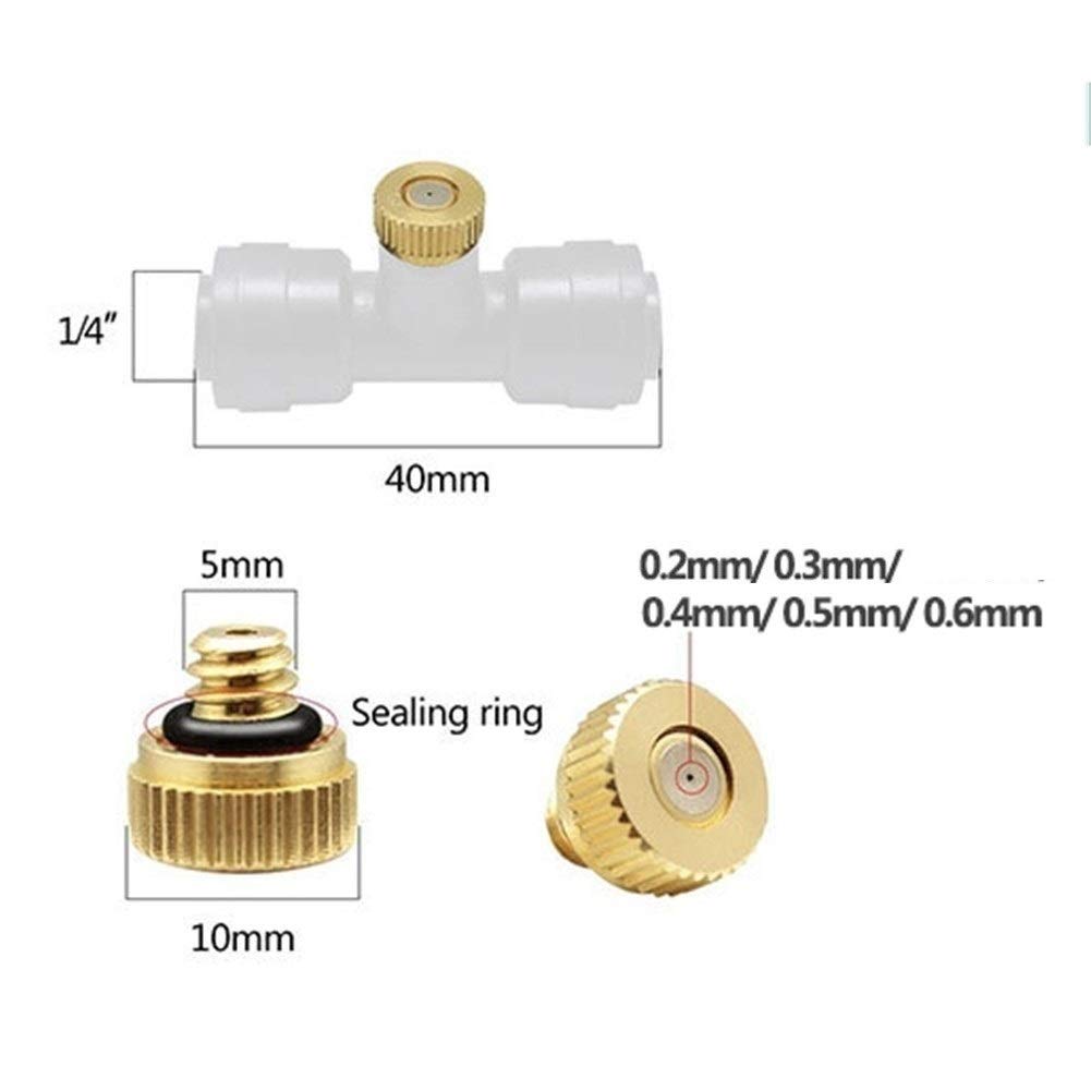 Dysza zraszająca z regulowanym rozpylaczem mosiężnym, 10 szt. mosiężnych dysz zraszających 1/4" z trójnikami Slip-Lock 0,2-0,6 mm, chłodzenie zewnętrzne (0,4 mm)