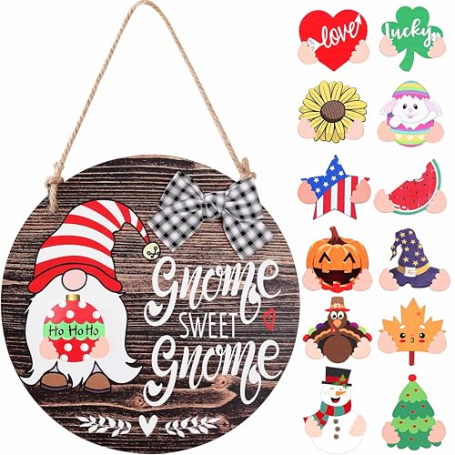 CYNOSA Interchangeable Seasonal Gnome Sweet Gnome Welcome Sign Front Door Decor Wooden Gnome Door Hanger, 12 Inches Farmhouse Wall Sign Gnome Decor (Brown)