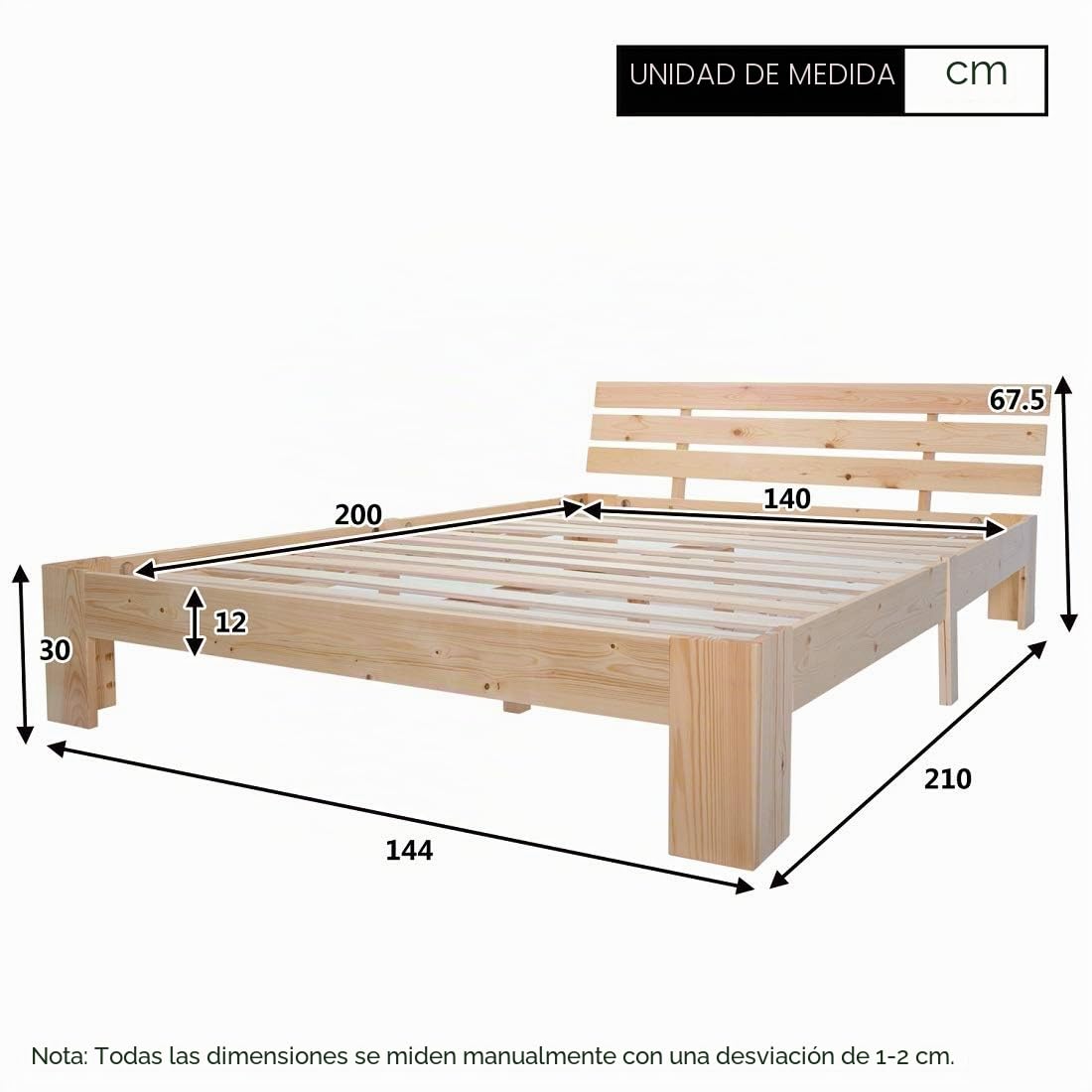 MURUL Cama doble de madera con cabecero de estructura de cama con somier de láminas de madera maciza, cama de matrimonio como cama de pino (madera, 140 x 200 cm)