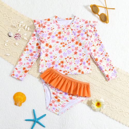 Image of Toddler Swimsuit Girl 3 Piece Rash Guard Bathing Suit Cute Little Girls Long Sleeve Quick Dry Swimwear Brown Flowers 4Y