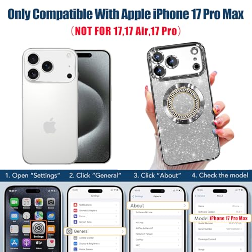 Image of Misscase for iPhone 17 Pro Max Magnetic Glitter Case Compatible with MagSafe,Full Protection Slim Shockproof Anti-Scratch Case with Camera Lens Protector Plating Bling Dust-Proof Net Silver