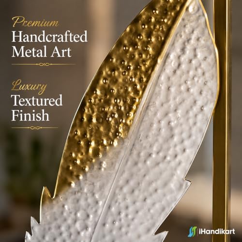 Image of iHandikart Metal Wall Art for Living Room, Set of 2 Feather Wall Decor Panels, Modern Luxury Iron Wall Sculpture, Gold White Wall Hanging for Home Decor, Bedroom, Hallway & Office, 36 * 12 inch Each