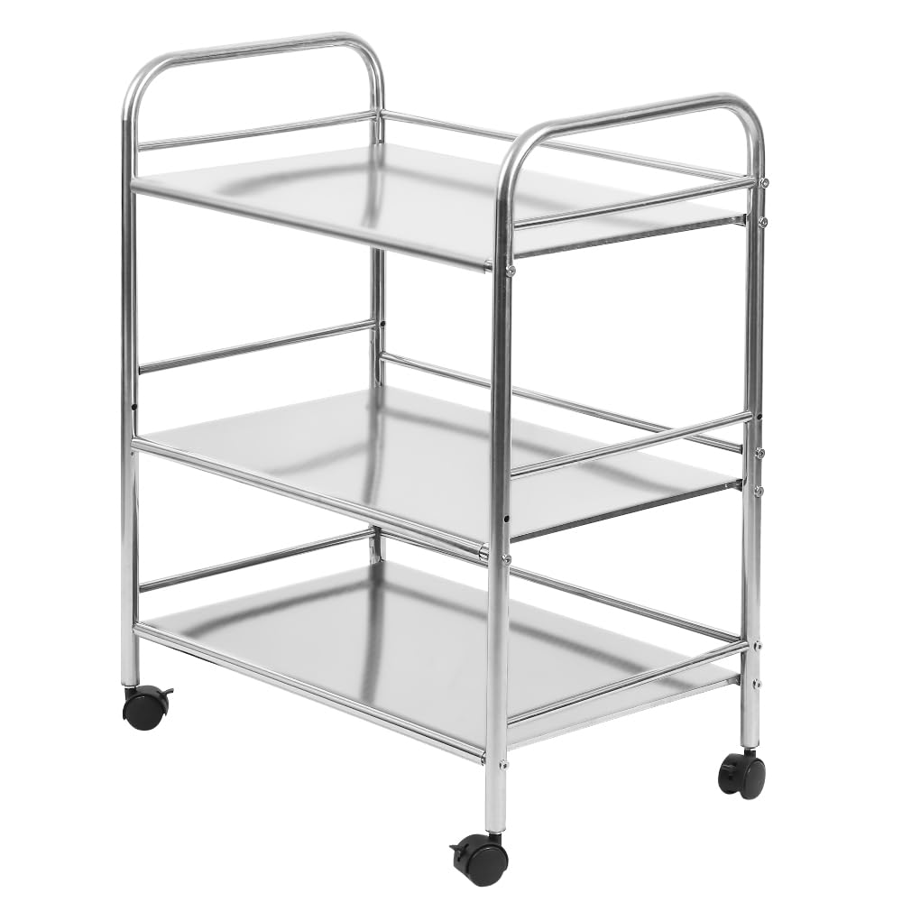 Carrello da cucina con ruote, 3 vassoi, carrello di servizio in acciaio inox, carrello da ristorante con ruote, portaoggetti mobile vassoio (60 x 36 x 74 cm), HJ469549