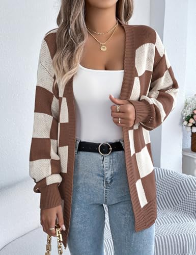 IDEALSANXUN Womens Checkered Cardigan Sweaters Fall Winter Casual Oversized Knit Jacket3