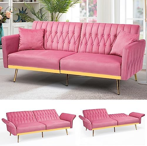 ACMEASE 70” Velvet Futon Sofa Bed with 2 Pillows and Adjustable Armrests, Convertible Sleeper Bed, Modern Loveseat for Living Room, Bedroom, Pink