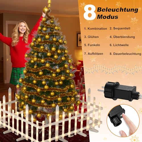 XMTECH LED Weihnachtsbaum Zaun 2,8 m, 8 Stück dekorativer Lattenzaun mit 8 Lichtmodi, warmweiße Beleuchtung, IP44 wasserdicht, flexibler Zaun für Haustiere, Garten, Wohnzimmer, Weihnachtsdekoration