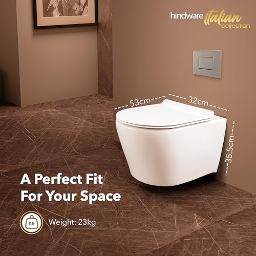 Image of Hindware Italian Collection Splendor Neo Western Commode for Bathroom|Made of Ceramic|Dual Flushing Water Saving|Duroplast Seat Cover|Rimless|Soft Close|Star White|Geometric Shape|Wall Mount