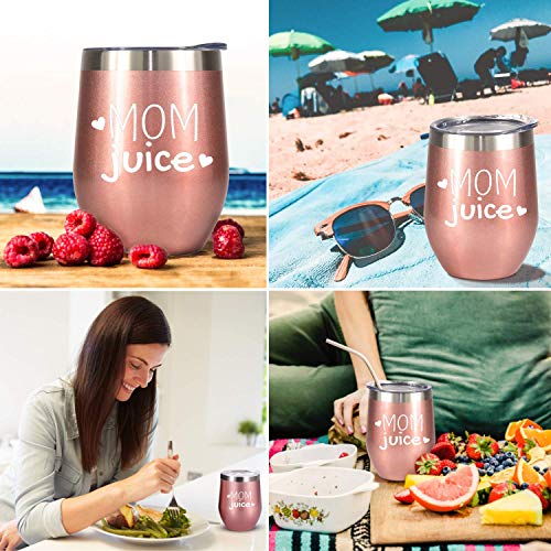 Mom Gift Set | Mom Juice Wine Tumbler + Cupcake Wine Socks | Stainless Steel 12 oz Stemless Wine Tumbler with Lid + Wine Socks | Funny Gifts for Mom, Mom Gifts, Birthday Gifts for Mom