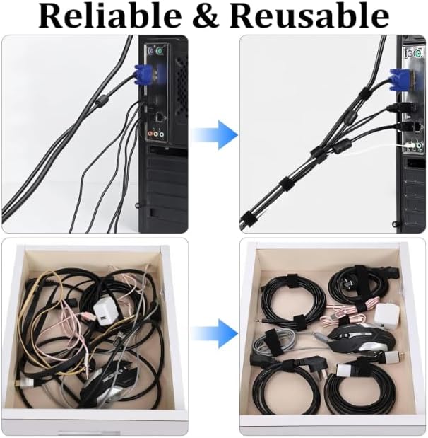 Reusable Cable Tie Roll with Hook & Loop – Adjustable Cord Organizer Tape for Wires, Desk Setup, Home & Office Cable Management (Black)