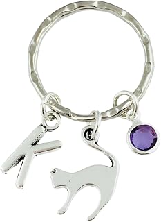 Personalised Cat Keyring with initial charm and birthstone crystal - animal keychain, Housewarming Gift new house, bag purse charm zipper