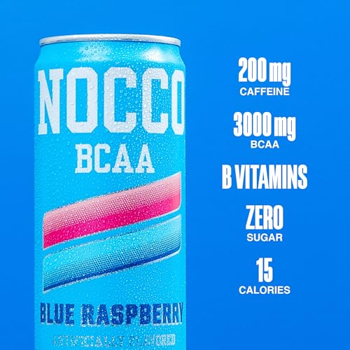 Image of NOCCO Zero Sugar Energy Drink, Blue Raspberry - 12 Fl Oz (Pack of 12) - 180mg Caffeine, Sugar Free, BCAAs - Branched Chain Amino Acids, Carbonated & Low Cal, B Vitamins, Grab & Go Performance Beverage
