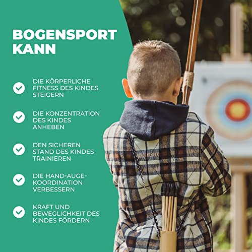Abowllon® Pfeil und Bogen Kinder Sportgerät Set 15 Pfeile mit Gummispitze, Köcher, Tasche & 4 Zielscheiben | Bogenschießen Kinder | Für Rechts und Linkshänder