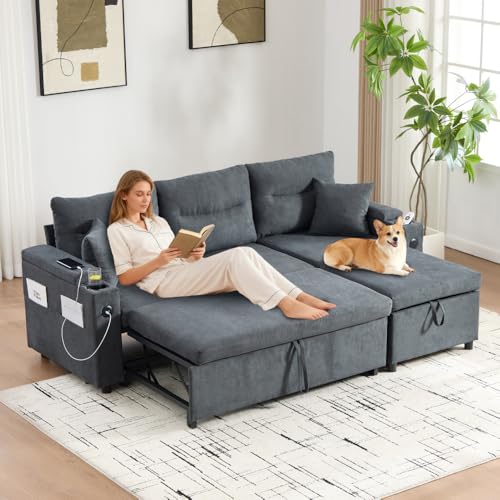 Lubvtti Sofá cama de 3 plazas con portavasos, puertos USB, almacenamiento integrado, sofá de 3 plazas moderno de lino, sofá esquinero en forma de L con chaise longue (gris oscuro + 3 plazas)
