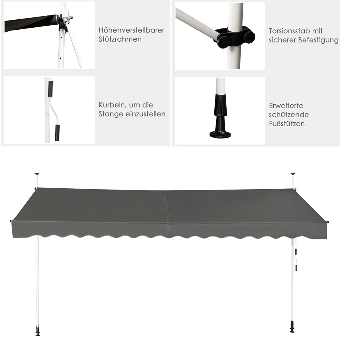 RELAX4LIFE Klemmmarkise 400 cm breit, Markise Balkon ohne Bohren, Höhenverstellbare Balkonmarkise mit Handkurbel, Sonnenschutz für Terrasse Balkon Veranda (400x175cm, Grau)