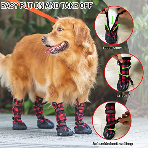 Jvvgpet Dog Boots For Medium Large Dogs - Winter Warm Dog Shoes For Walking Hiking Running - Waterproof Reflective Adjustable Anti-Slip Rain Snow Outdoor Dog Boot Shoes Paw Protector #TOP6