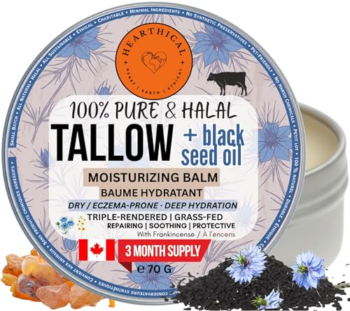 Hearthical Halal Grass Fed Beef Tallow For Skin – 70g Organic Beef Tallow Moisturizer – Beef Tallow Face Moisturizer & Beef Tallow Face Cream – Pure Beef Tallow Balm with Black Seed and Jojoba