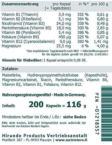 Vitamin B Komplex hochdosiert vegane Kapseln 200 Stk. - Nahrungsergänzungsmittel mit B-Vitaminen für Stoffwechsel, Nerven, Gehirn und Haut