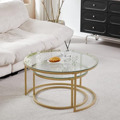 Uderkiny Juego de 2 mesas de centro apilables, mesas de centro redondas, tapa de cristal templado, patas de metal doradas, adecuada para salón, comedor, café(80 x 45 cm, diámetro 60 x 35 cm) - imagen 4