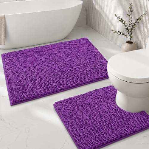 Flotstiga Bathroom Rugs Sets 2 Piece,Super Absorbent Soft,Thick,Machine Washable Chenille Bath Mat,Non Slip Toilet Floor Rug,Bath Mats for Bathroom,20x32 Plus 20x20 U Shape,Violet by Flotstiga - Used condition - US$20.73