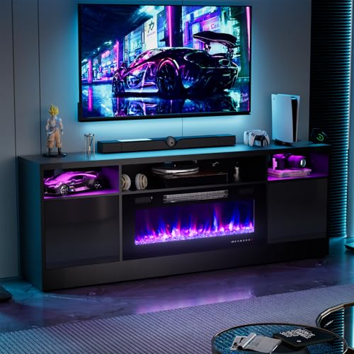 Ludatido 70 Inch TV Stand with 36 inch Electric Fireplace LED Light Entertainment Center Electric Fireplace TV Stand with USB&AC Power Interface for Living Room/Bedroom/Media Room(Black)