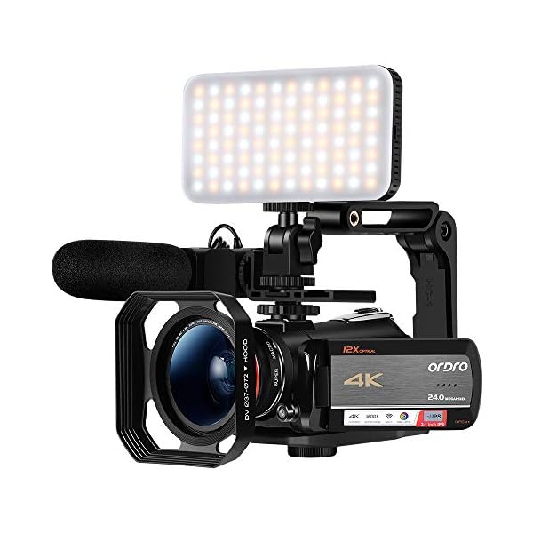 ORDRO AC5 UHD Camcorder mit 12x optischen Zoom HD 1080P 60FPS Digitale WiFi-Kamera Camcorder mit Mikrofon, Videolicht…