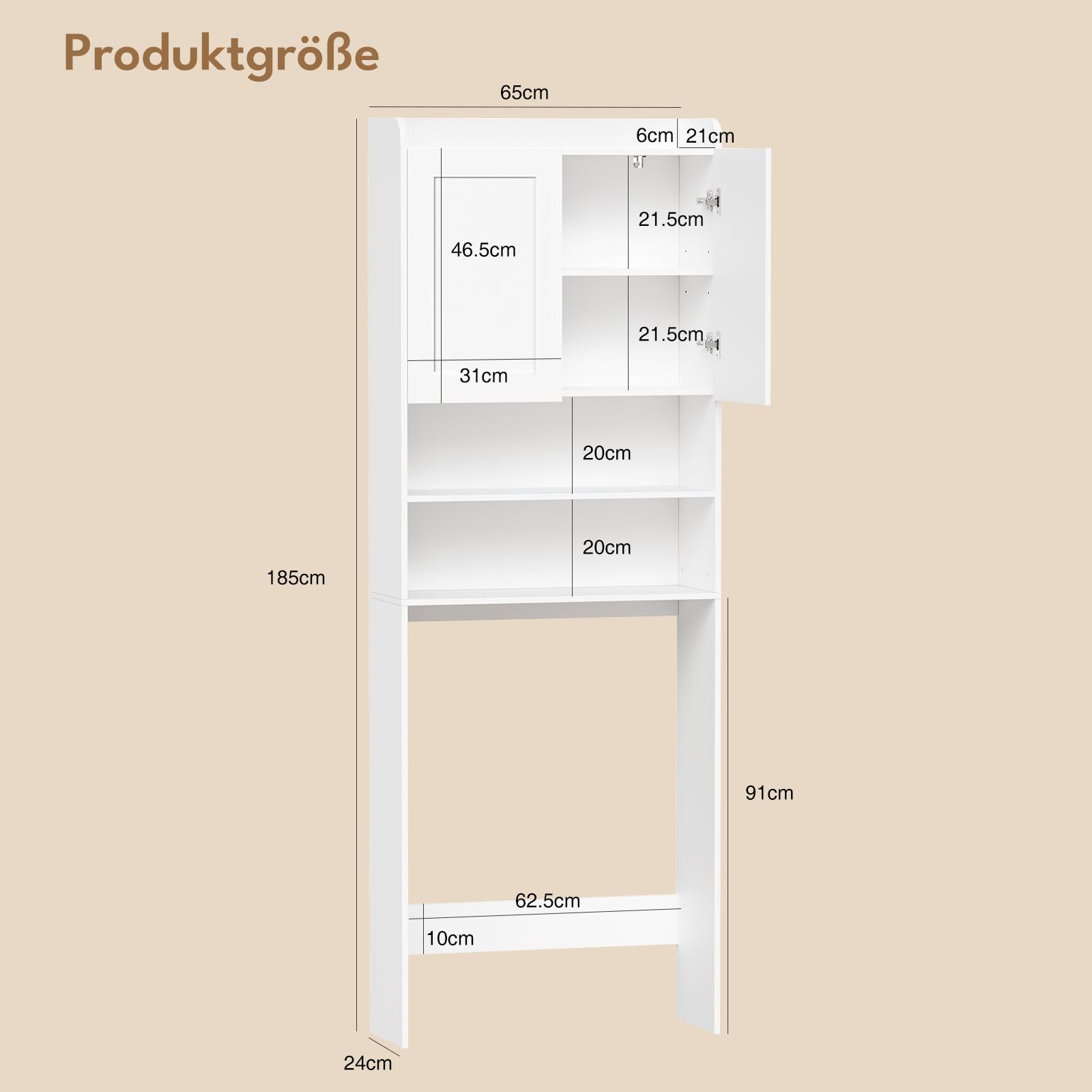 BEWISHOME Waschmaschinenschrank,Hochschrank,Waschmaschinenregal mit 2 Türen & 2 offenen Fächern,Verstellbare Ablagen,Badezimmerregal über Waschmaschine/Toilette,24×65×185 cm,Weiß EYYG19W