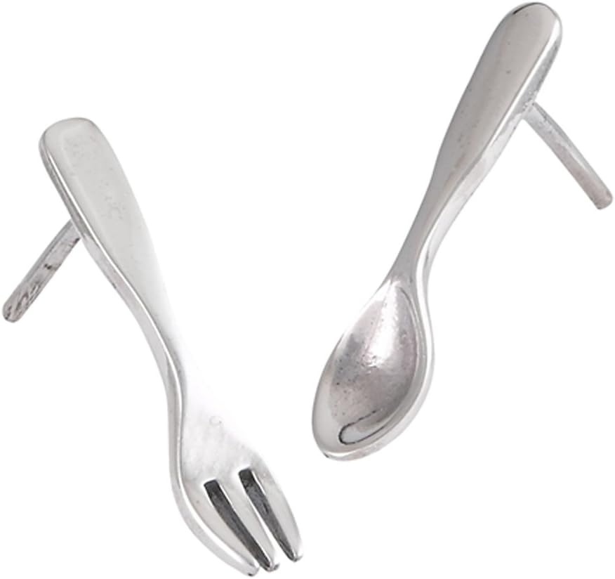 Silverware Spoon Fork Eating .925 Sterling Silver Food Utensils Stud Earrings