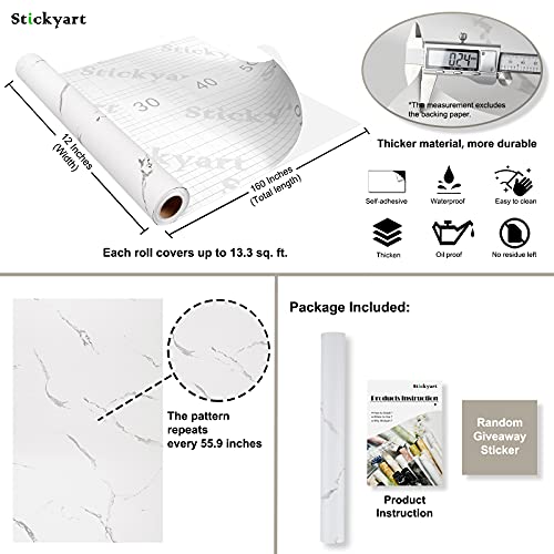 Stickyart Marble Wallpaper Peel And Stick White Marble Wallpaper Matte Self Adhesive Granite Vinyl Wallpaper For Bedroom Accent Wall Removable Modern Wallpaper Decorative Bathroom Waterproof 12"X160" #TOP3