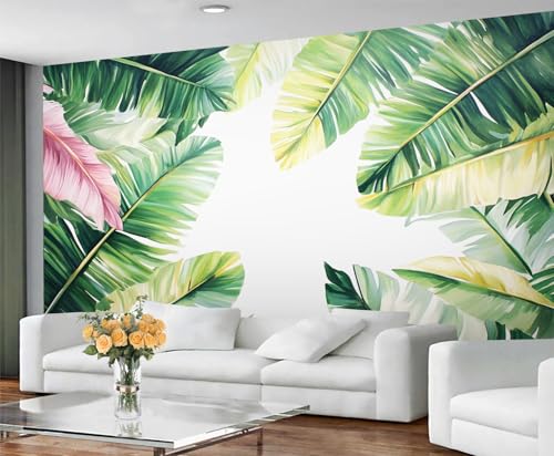 Image of GIVLWF Tropical Wallpaper for Living Room - Banana Palm Leaves Wall Murals & Home Decor - Green & Pink Bedroom Wallpaper, Non Self Adhesive Gradient Leaf Large Mural & Wall Paper