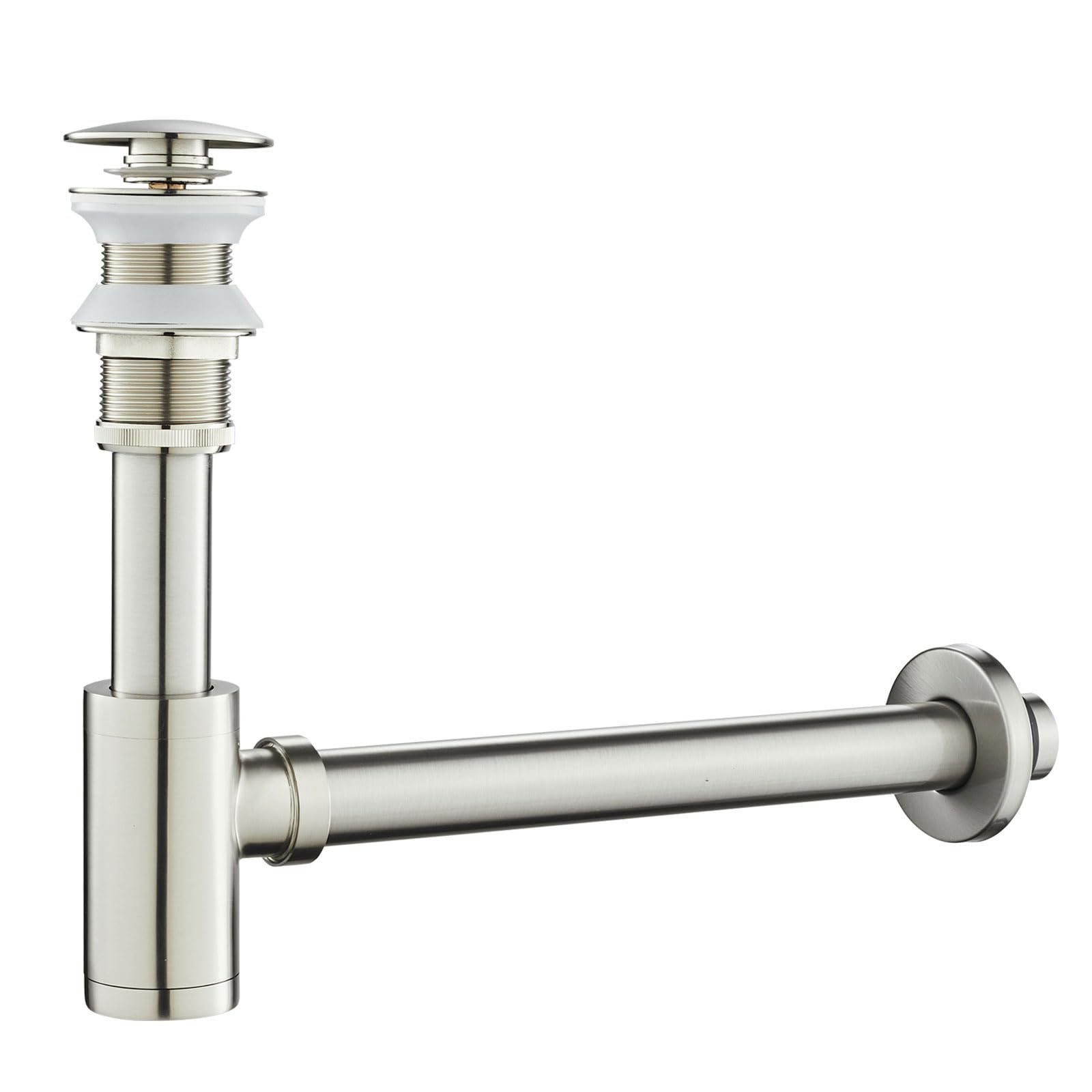MENATT Solid Brass Bathroom Sink Stopper P-Trap Complete Set, Adjustable Bathroom Bottle Trap Sink Drain Kit and Pop Up Drain Without Overflow, Brushed Nickel
