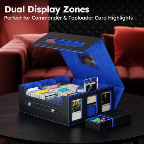 Image of Trading Card Storage Box, 2600+ MTG Deck Box with Magnetic Lid | Handle design with Commander and Toploader displays, dice box, dividers and labels for TCG, MTG, Yu-Gi-Oh! and sports cards