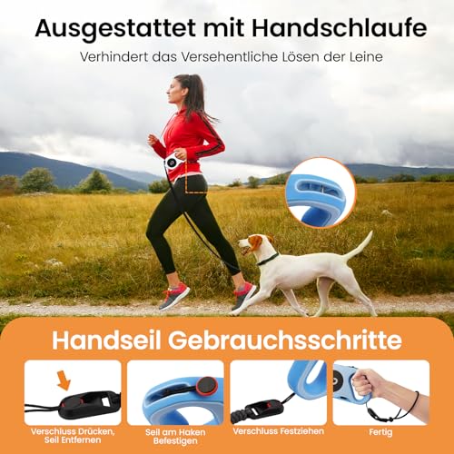 DAISTERN von BSWAY Hundeleine mit LED Licht 5m Ausziehbar, Wiederaufladbar über USB‑C, Einhand-Bremse, Anti-Verheddern für kleine & große Hunde bis 40KG