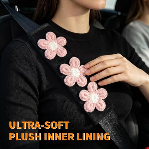Image of Cute Pink Flower Seat Belt Cover Pads for Women Girls - Soft Plush Seatbelt Cushion, Fun Car Accessories (2, Pink Flower Black Plush Velvet Pad)